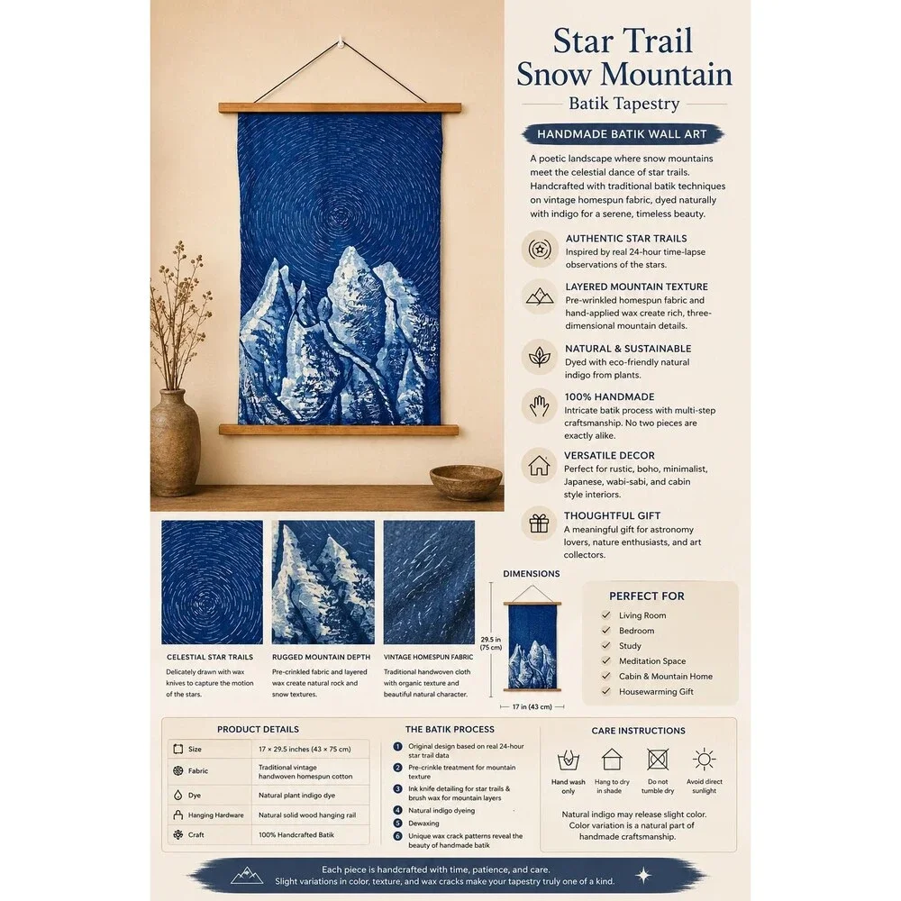 Star Trail Mountain Wall Art | Handmade Indigo Batik Tapestry | Astronomy Gift